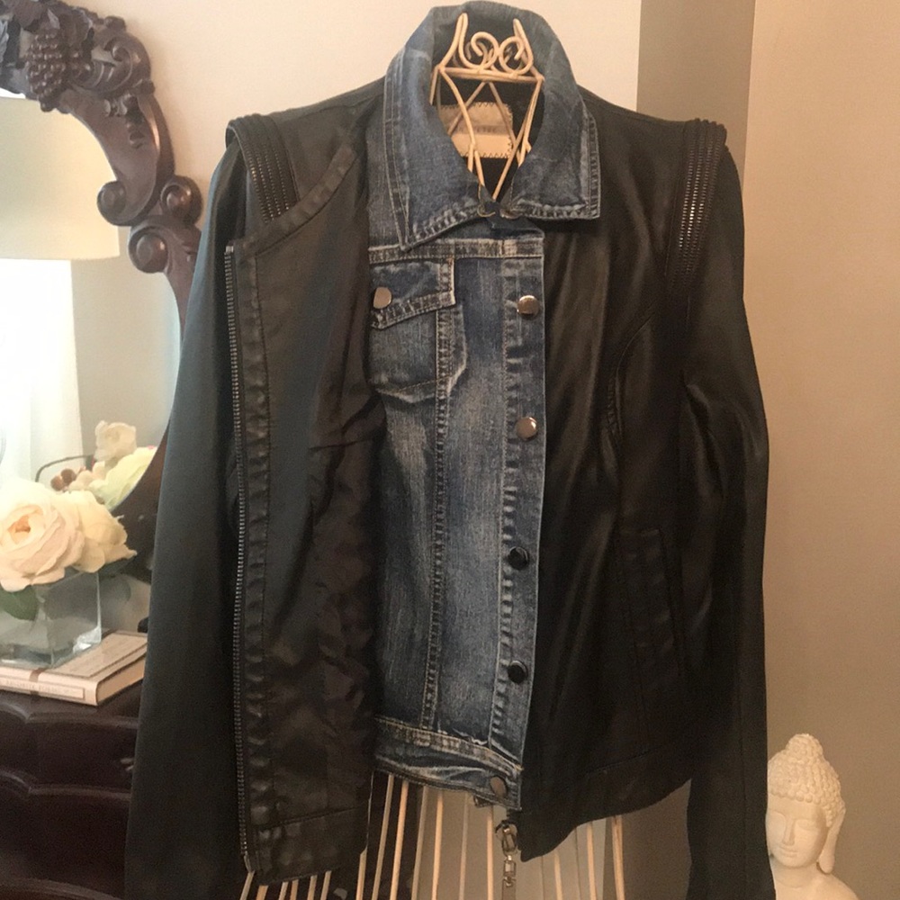 Combination jean vegan leather coat